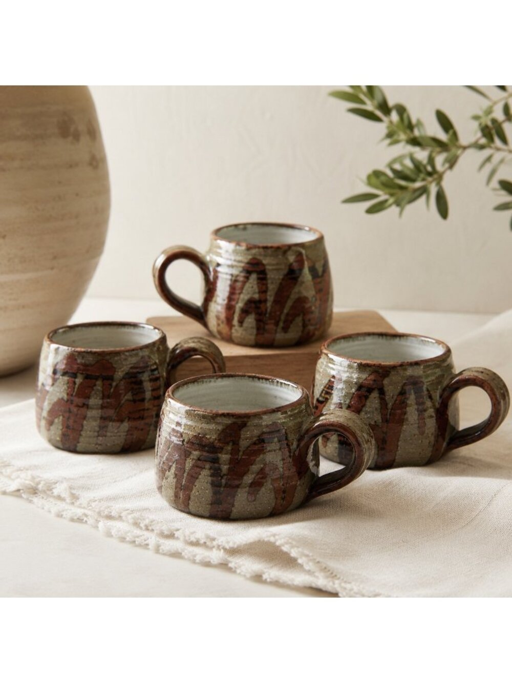 Set of 4 Handmade Studio Pottery Stoneware Espresso Coffee Cups Signed Abstract